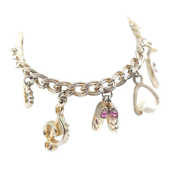Multi Charm Shoe Heart Pearl Chain Bracelet Foldover Closure Gold Tone Vintage - Picture 2 of 6